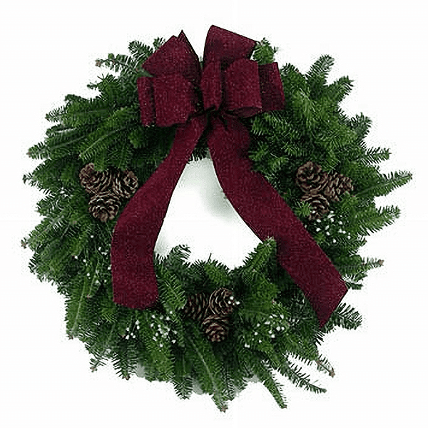 Balsam double sided wreath with pinecone clusters, baby's breath and large burgundy bow flecked with gold