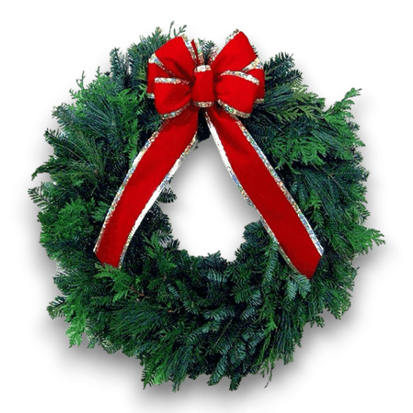Custom Corporate Wreath Gifts - Holiday's Near Wreath with Red Bow, Gold Pressed Edge, and Mixed Greens