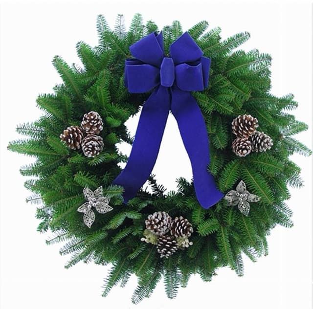 Balsam double sided wreath with white pinecones, silver holly, pearl berries and large 6-loop blue bow