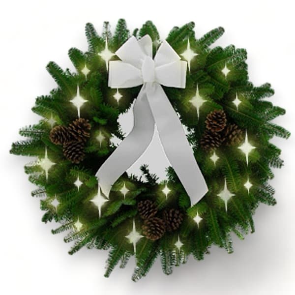Green Balsam Fir Wreath with pinecone clusters, elegant white lights and an elegant white bow