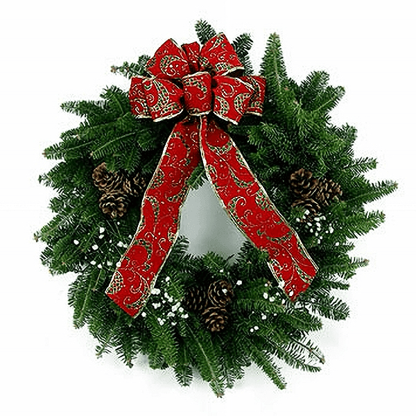 Balsam Fir handmade wreath with pinecones, red berries, baby's breath and large red bow
